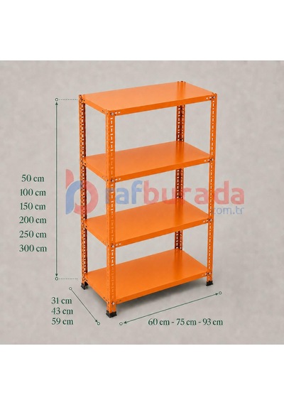 4 Katlı Renkli Dekoratif Çelik Raf - Çiçeklik Rafı, Ofis Rafı 0,70 Mm Turuncu-59x75 Cm-100 Cm