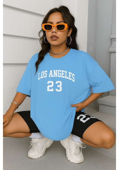 Los Angeles Baskılı Oversize Unisex Tişört Bebe Mavisi