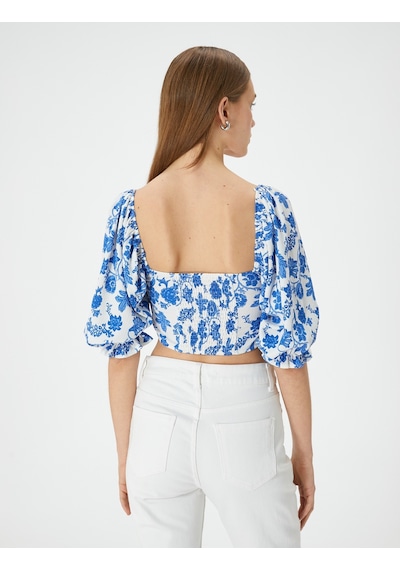 Koton Crop Çiçekli Bluz Kare Yaka Balon Kollu Mavi Desenli 4sak70073ek