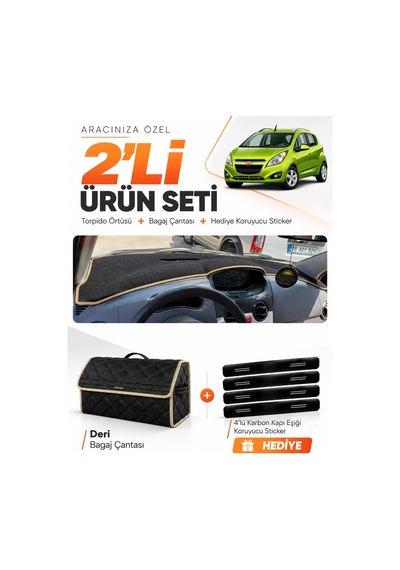 Chevrolet Spark 2009-2015 Uyumlu Torpido Örtüsü + Deri Bagaj Çantası + Sticker Seti - Siyah Bej