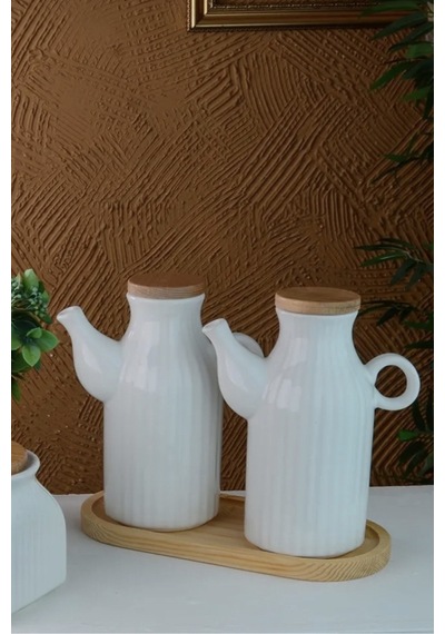 2 Li 6 Parça Bambu Standlı Çizgili Porselen Yağdanlık Ve 3'lu Çay Şeker Tuz Kavanoz Set Beyaz Beyaz