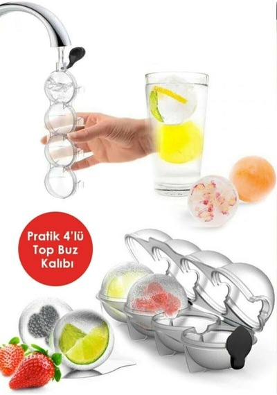 Yuvarlak Buz Kalıbı 4 Lü Büyük Buz Topu Kalıbı, Kokteyl & Viski İçin Şeffaf Buz Kalıbı
