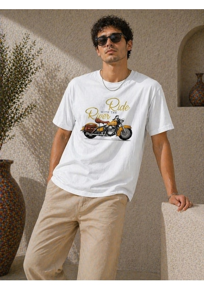Novalisse Erkek Motosiklet Baskılı Tişört Bisiklet Yaka Kısa Kol Yazlık T-shirt - Beyaz