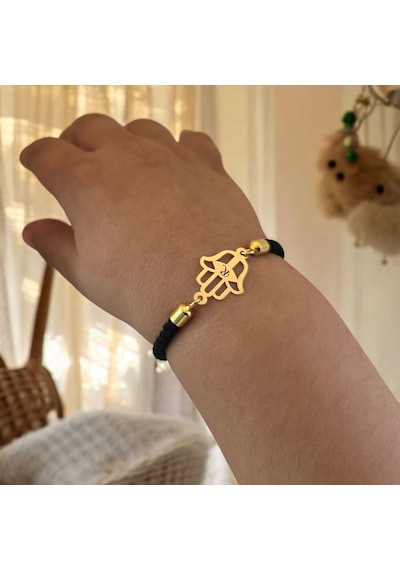 R Harfine Özel 14 Ayar Altın Plakalı Siyah İpek Örgülü Hamsa Motifli Hediye Bileklik-509harf R