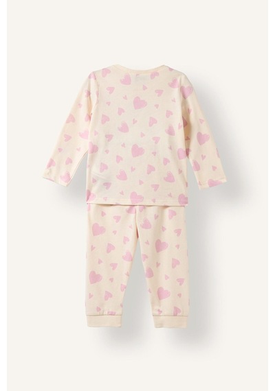 Defacto %100 Pamuk Hayvan Figürlü Ve Kalp Desenli Uzun Kol Üst Lastikli Paça Alt 2li Pijama Takımı Kız Bebek I3903a526auer105 Ekru-er105