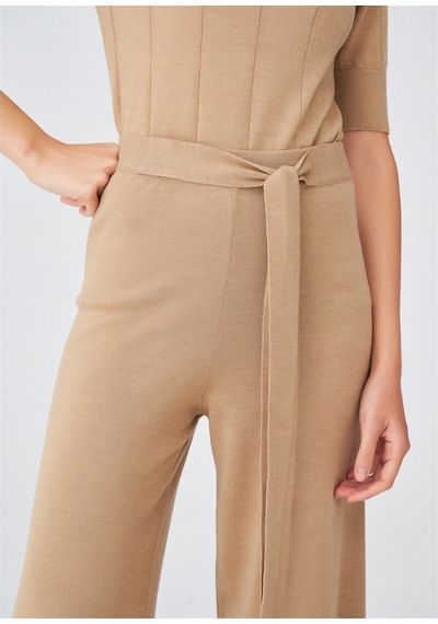 Peraluna Boru Paça Yüksek Bel Kadın Triko Pantolon Camel Melanj
