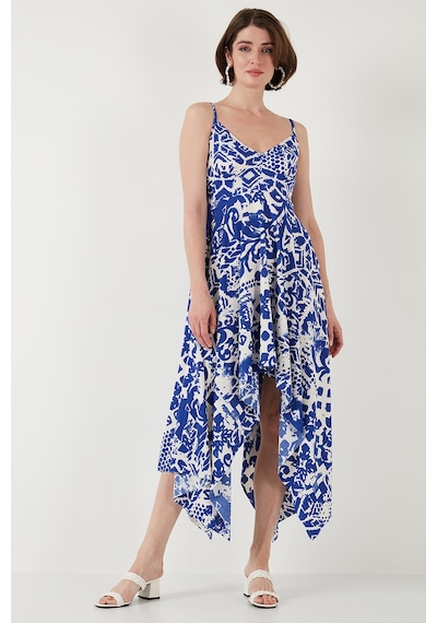 Lela Desenli Asimetrik Kesim Regular Fit Midi Boy Askılı Bayan Elbise 5866126 Saks