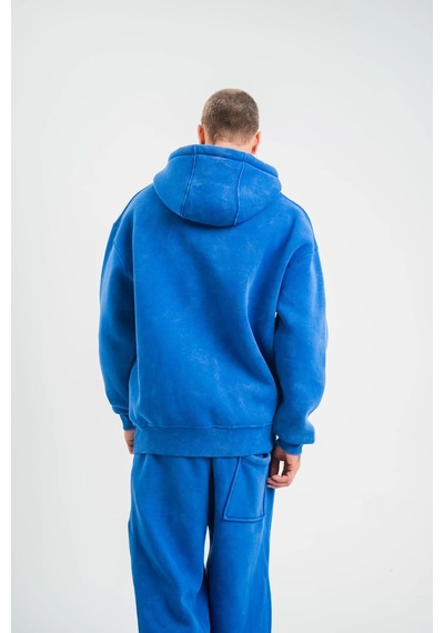 Unisex Double Oversize Kapşonlu Yıkamalı Sweatshirt - Mavi Mavi