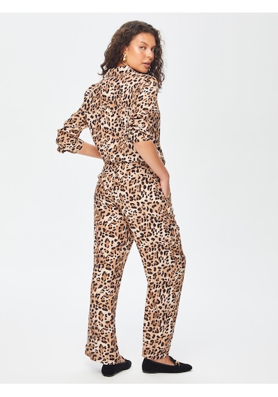 Faik Sönmez Leopar Desen Wide Leg Fit Viskon Pantolon 69496 U6949635 Camel