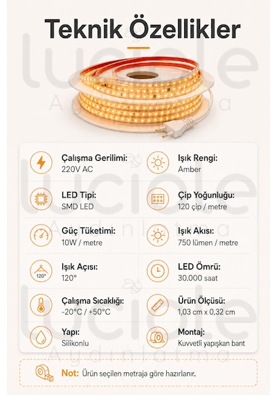 3 Metre 220v Amber Şerit Led Hazır Fişli Tak Çalıştır Silikonlu Yapışkanlı Dış Mekan