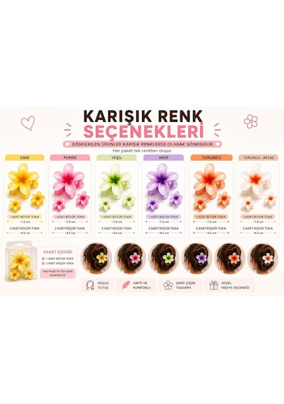 Xmlbayiciniz Karışık Renk Çiçek Saç Tokası Seti, 3'lü 1 Büyük + 2 Küçük Mandal Saç Klipsi, Kadın Ve Kız Çocuk İ Çok Renkli