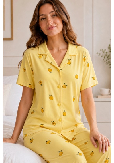 Northcity Sarı Limon Desenli Kısa Kollu Gömlek Yaka Milan Kumaş Kadın Pijama Takımı