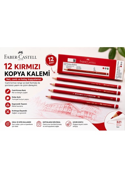 Faber-castell 321 Kırmızı Kopya Kalemi 12 Li Paket Silinmez Kırmızı Kurşun Kalem Çok Renkli