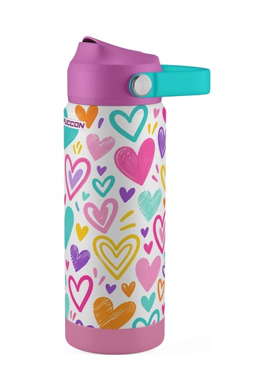 Puccon 540 Ml Renkli Kalpler Desenli Beyaz - Mor Kız Çocuk Pipetli Çelik Termos Matara/suluk - 60063