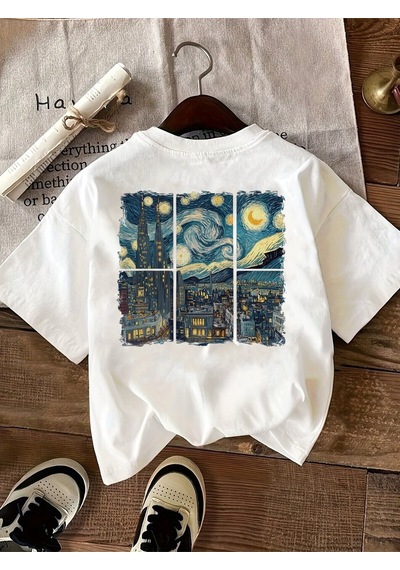 Uyguntarz Unisex Şehir Manzaralı Vangogh Baskılı Oversize Tişört Beyaz