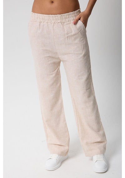 Kadın Beli Lastikli Cepli Keten Pantolon-3 Bej