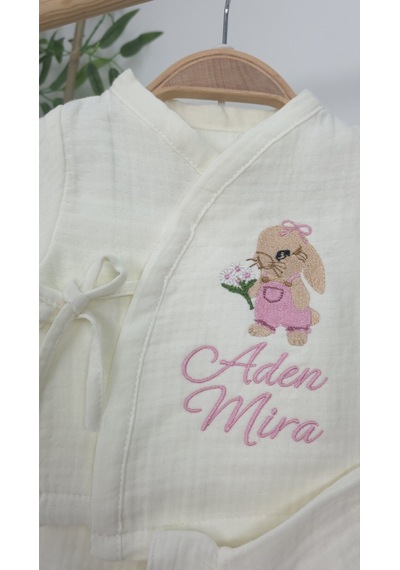 Gros Shop Müslin Yeni Doğan 4katlı Organik %100pamuk Kişiye Özgü Nakışlı Hastane Çıkış Seti Tavşan Modell-2 Ekru