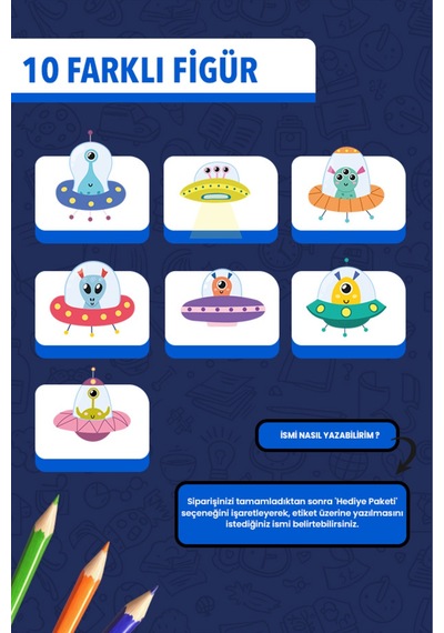 İsim Yazılabilir Sevimli Uzaylılar Temalı Okul Etiketi Kalem & Defter İçin 200 Adet Çoklu
