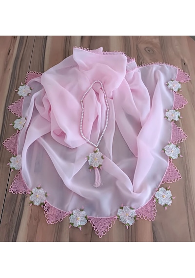 Toz Pembe İğne Oyası Namaz Örtüsü Ve Tesbih Takımı - Kır Çiçeği Motifli Çeyizlik Set Beyaz - Pembe
