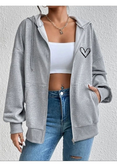 Pink Sky Gri Baskılı Oversize Kapüşonlu Fermuarlı Cep Detaylı Ceket Gri