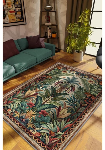 Homshtag Art Deco Botanik Orman Vintage Halı Görünümlü Dijital Baskı Yeşil Renk Rustik Çiçekli Halı Çok Renkli