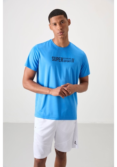 Tommy Life Saks Polyester Nefes Alan Dokulu İnce Esnek Standart Fit Erkek Performans T-shirt - 88385 Saks