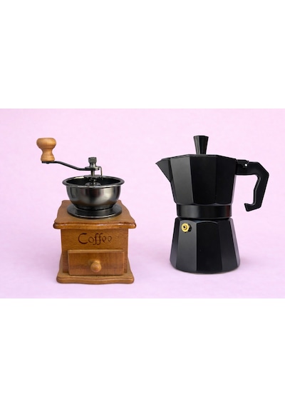 Kahve Değirmenive Moka Pot 6 Lık 2 Li Set Siyah