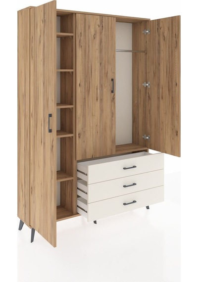 Arges Dolap 6 Raflı 3 Çekmeceli Tek Askılı 132x30x195 Çam-çam... Çam