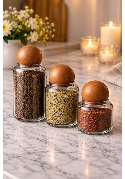 3 Lü Ahşap Top Kapaklı Lüx Cam Kavanoz Seti Akasya Kapak Saklama Kabı Çay Şeker Kahve Kavanoz Set Bej Bej