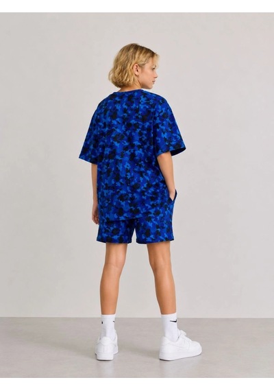 Wear Vexel Kız Çocuk Oversize Kalıp Pubg Bape X Shark Nakışlı Cepli Şort Takım - Mavi Çok Renkli
