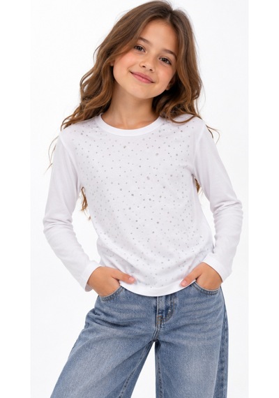 İrem Kız Çocuk Üzeri Taş Modelli Uzun Kollu Beyaz Renk Penye İnce Sweatshirt