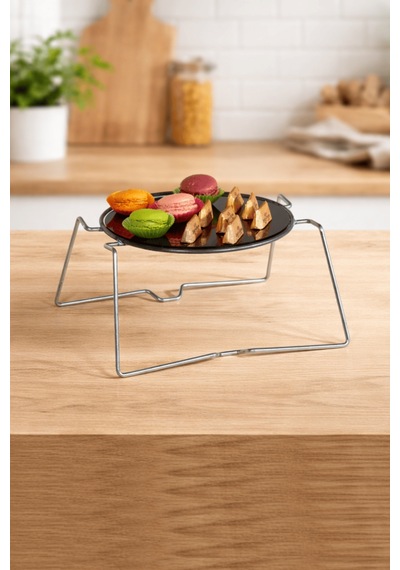 Parlak Silver Yuvarlak Sunumluk İkramlık Pasta Servis Standı Metal Ayaklı Siyah Pleksi Gümüş