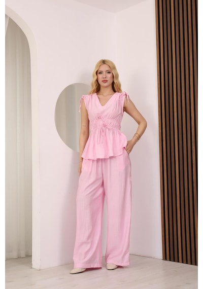 Famoda Pembe Beli Ve Omuzu Bağcıklı Peplum Bluz & Palazzo Pantolon İkili Takım