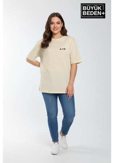 Superlife Kadın Büyük Beden Ar Baskılı 3xl-6xl Bisiklet Yaka Tshırt Spr26btsk510-1 Bej