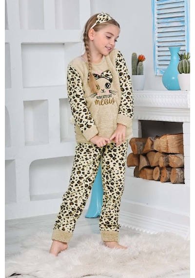 Kız Çocuk Leopar Desenli Göz Bantlı Peluş Polar Pijama Takımı Ekru