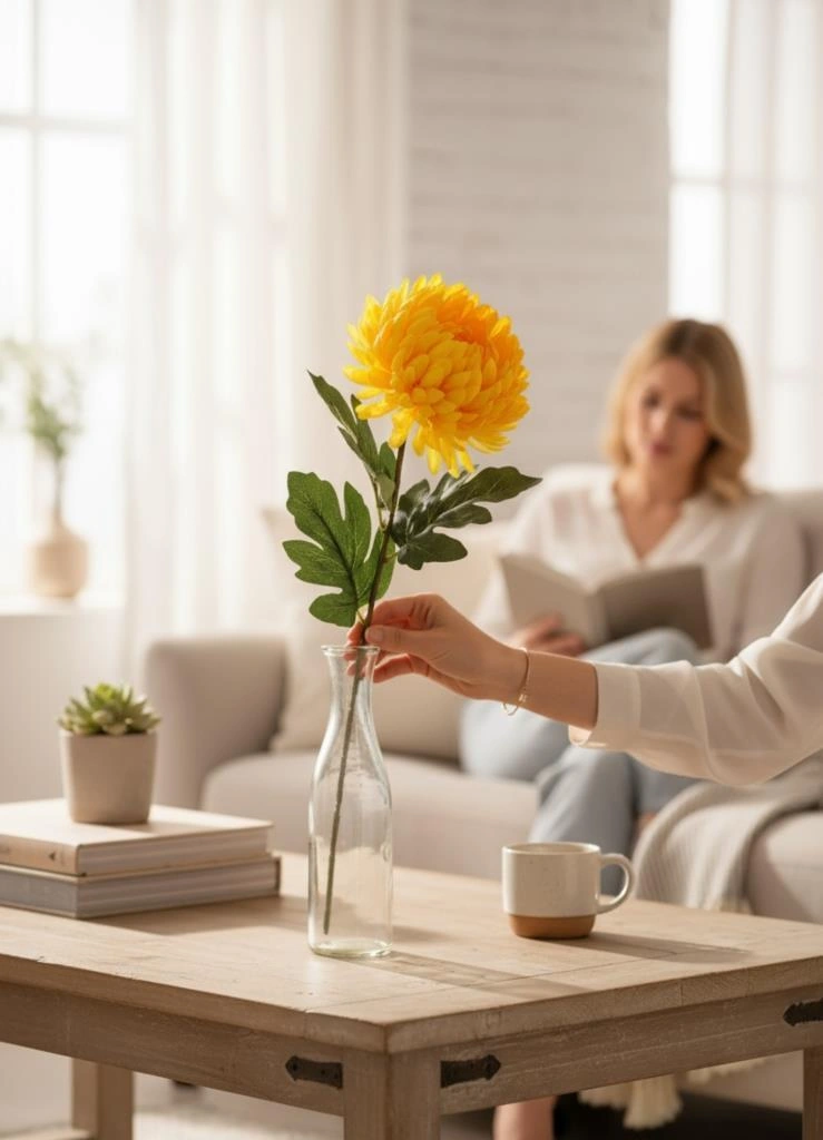 Yapay Çiçek Krizantem Sarı Koyu 90cm Tek Dal Kumaş Çiçek Uzun Dal Sarı