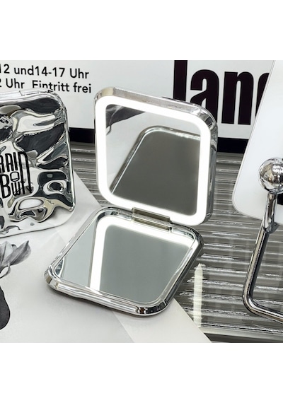 Led Işıklı Katlanabilir Çanta Aynası 2x Büyüteçli & Taşınabilir Cep Ve Çanta Boy Premium Işıklı Gri