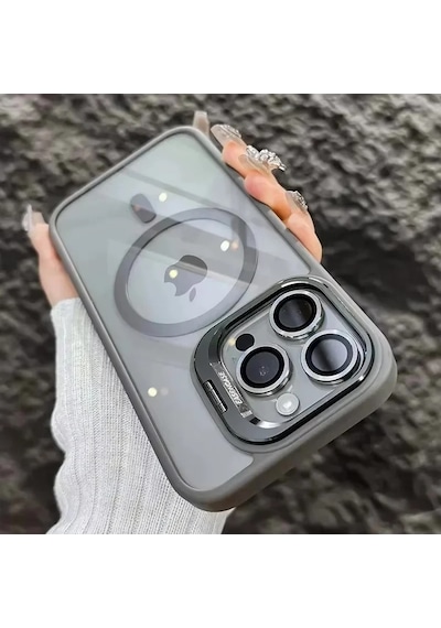 İphone 16 Pro Max Uyumlu Kılıf Klon Stantlı + Lens Korumalı Magsafe Telefon Kılıfı Titanyum