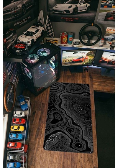 Siyah Beyaz Yoğun Topografik Harita 40x90 Cm Oyuncu Mousepad Kaymaz Taban Büyük Boy Mousepad