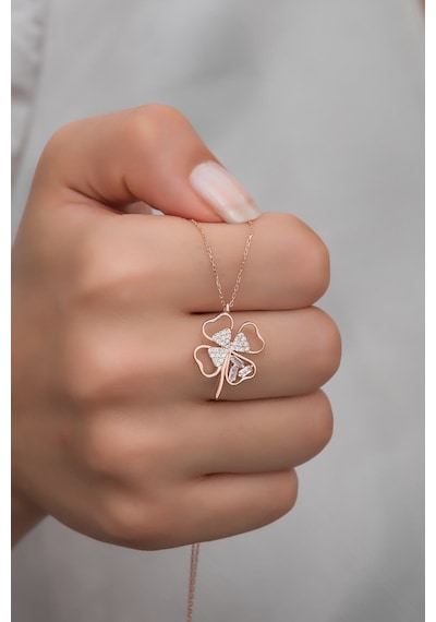 925 Ayar Gümüş Baget Taşlı 4 Kalpli Yonca Kolye Rose Gold