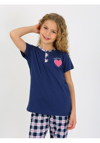Kız Çocuk Kısa Kollu Düğme Detaylı %100 Pamuklu Pijama Takımı Special Love Lacivert