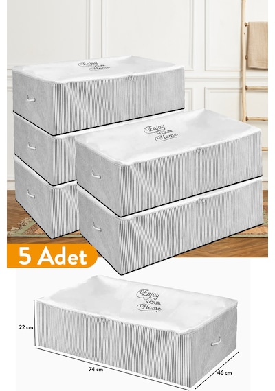 Serstil 5 Adet - Mega Boy Baza Altı Gri Çizgili Hurç 74 X 46 X 22 Cm