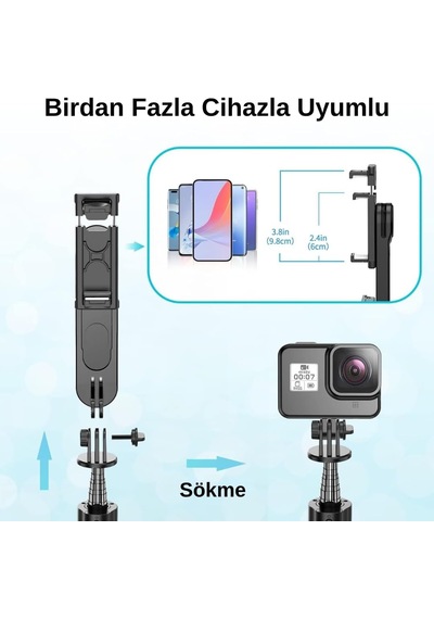 Led Işıklı Selfie Çubuğu & Tripod 111 Cm Uzatılabilir, 360 Döner Telefon Tutucu, Çıkarılabilir Bluetooth Diğer