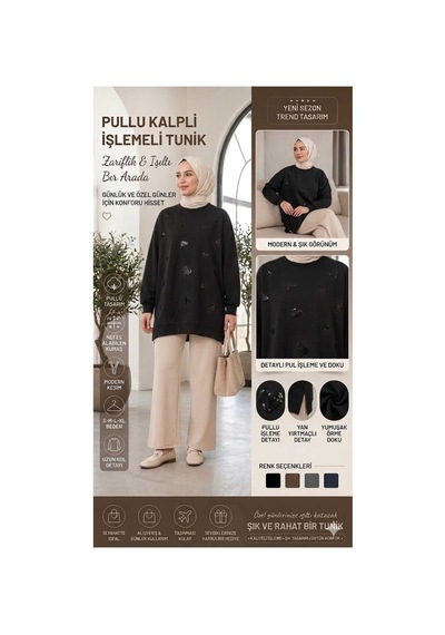 Peka Payet Pul İşlemeli Kalp Desenli Kadın Tesettür Tunik- Sweatshirt Siyah Siyah