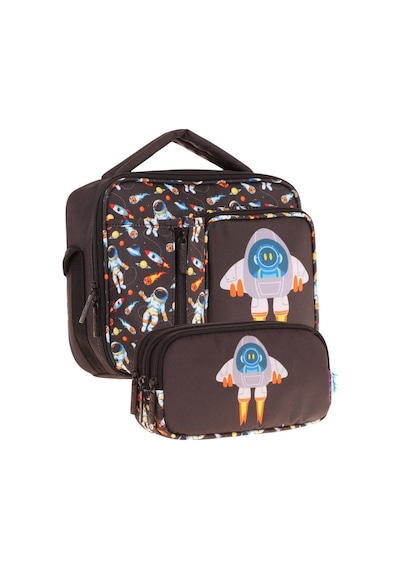 Kaukko Kids Erkek Çocuk Siyah Roket Baskılı Üç Bölmeli Thermo Beslenme Çantası Ve Kalemlik Seti L7264+l8264 Siyah