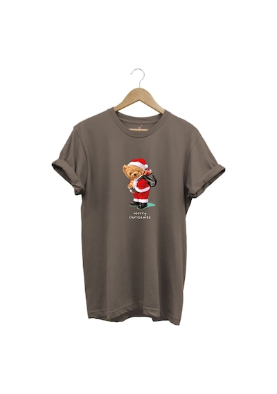 Yılbaşı Yeni Yıl Merry Christmas Sevimli Ayıcık Baskılı %100 Pamuk Regular Fit T-shirt Kahverengi