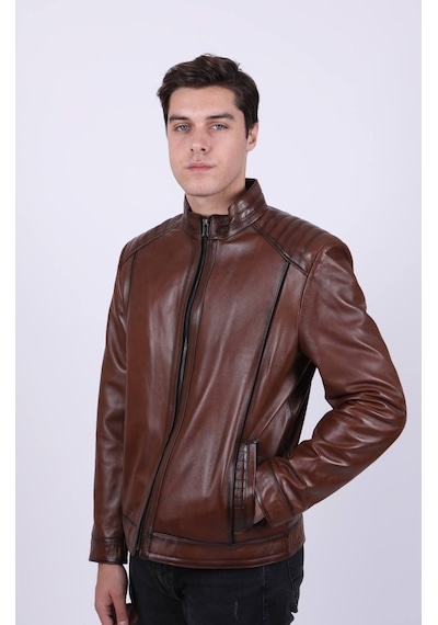 New Zaya Leather Erkek Açık Kahverengi Hakiki Deri Ceket-Altın (466898691) Altın