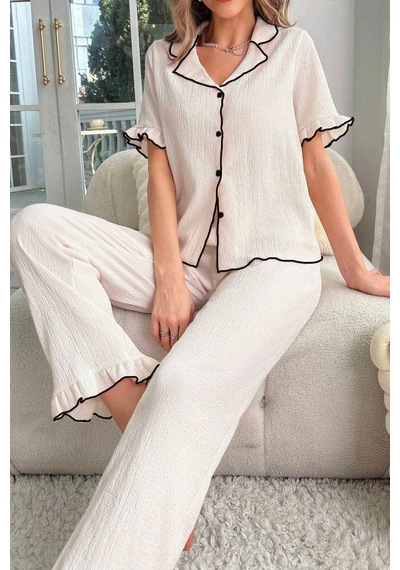 Bella Notte Bej Kısa Kollu Düğmeli Mevsimlik Pijama Takımı
