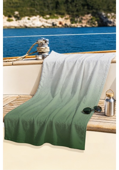 Modern Degrade Yeşil Plaj Havlusu - Minimalist Ombre Tasarım Hızlı Kuruyan Mikrofiber Havlu Kül İncisi
