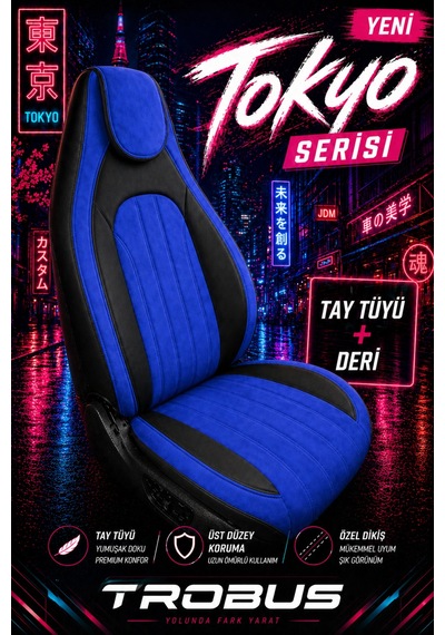 Fiat Albea 2002-2012 Bel Destekli Tay Tüyü Koltuk Kılıfı Tokyo Serisi Mavi Siyah